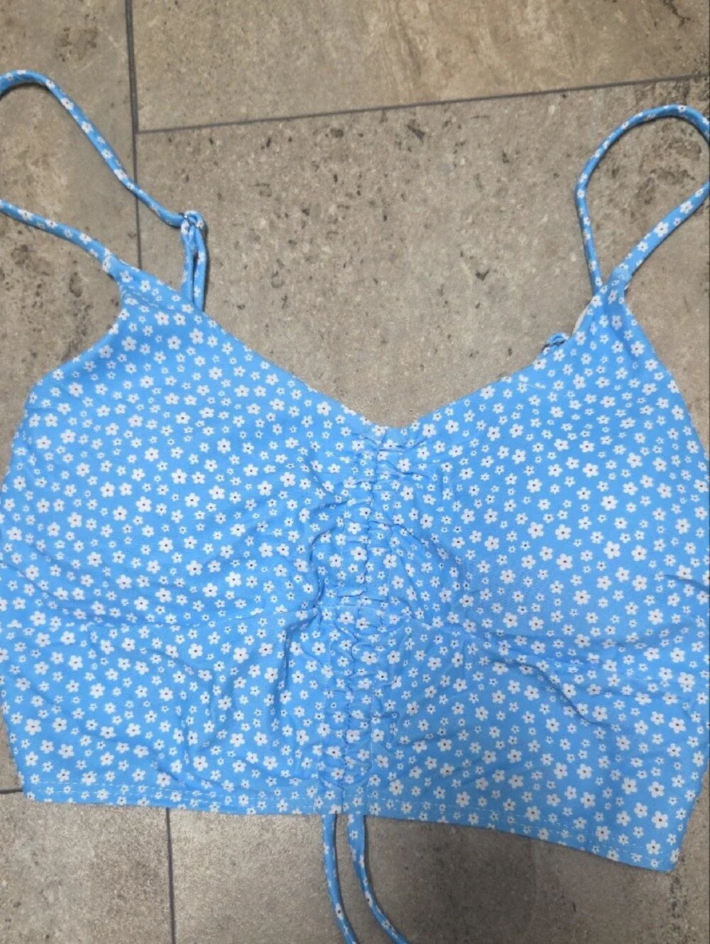 Blue Floral Ruched Drawstring Swimsuit Crop Top